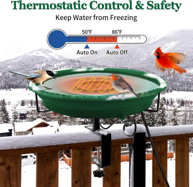 Lovppy Heated Bird Bath for Deck Railing, 100W Thermostatically Controlled Heated Bird Baths for Outdoors Bird Bath Heater, Heated Birdbath for Outside Winter Garden Patio Yard(Green) - Image 3